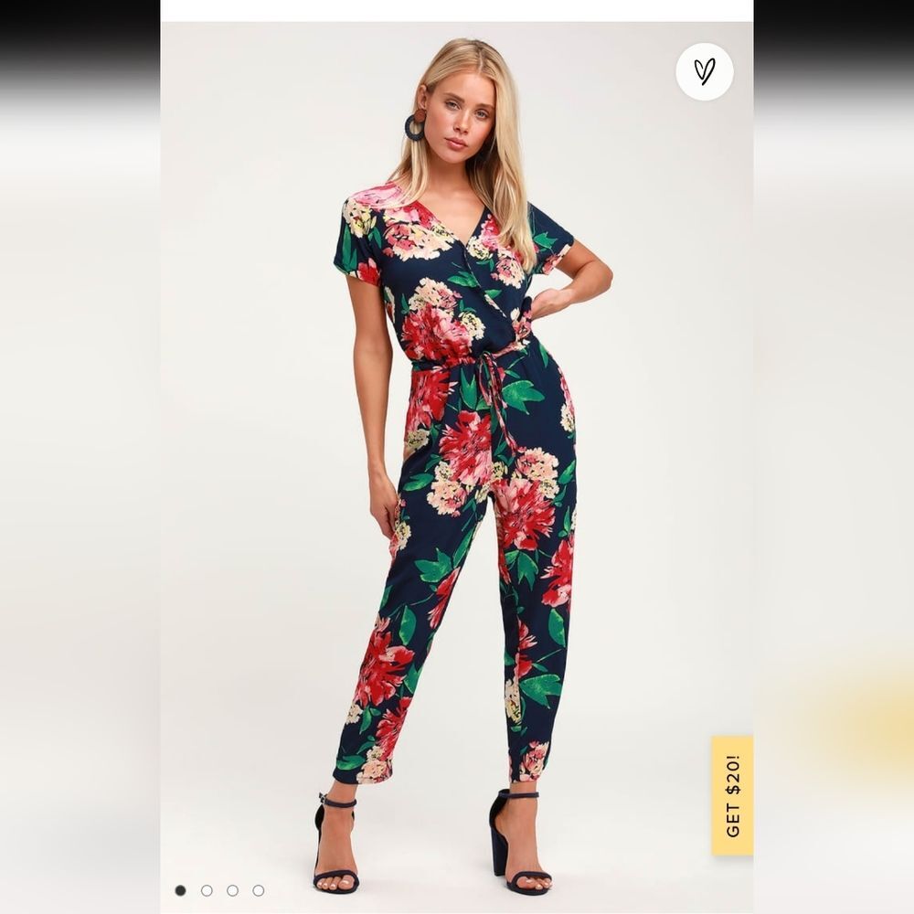 Lulu's "Successful Statice Navy Blue Floral Print Jumpsuit" Size Small